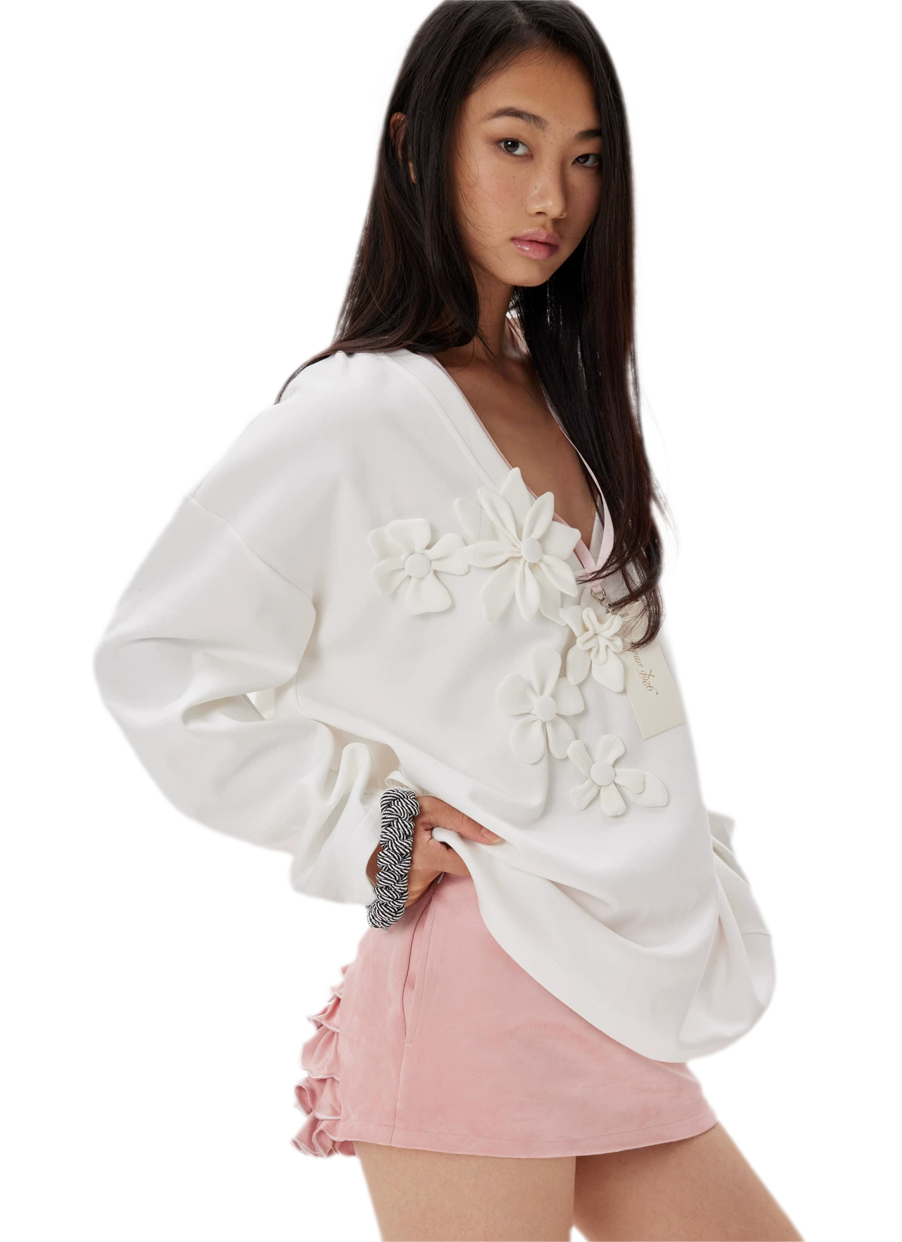 Handmade Flower Appliqué V-Neck Sweatshirt