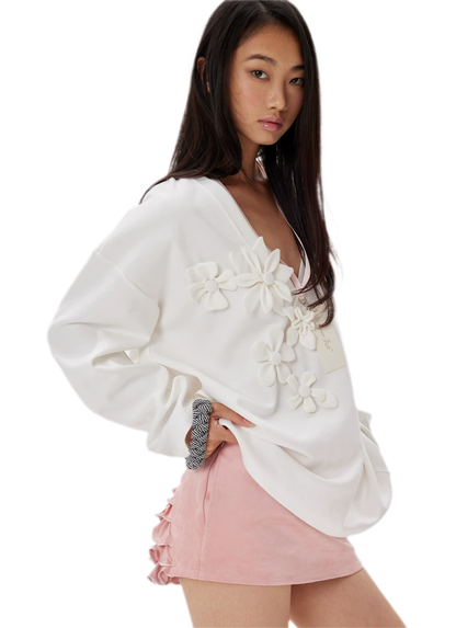 Handmade Flower Appliqué V-Neck Sweatshirt
