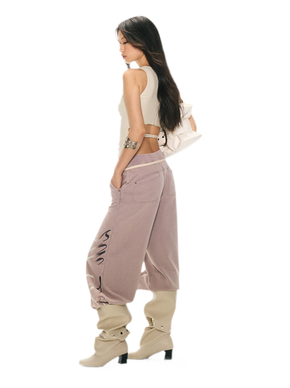 Vintage Letter Print Wide-Leg Pants