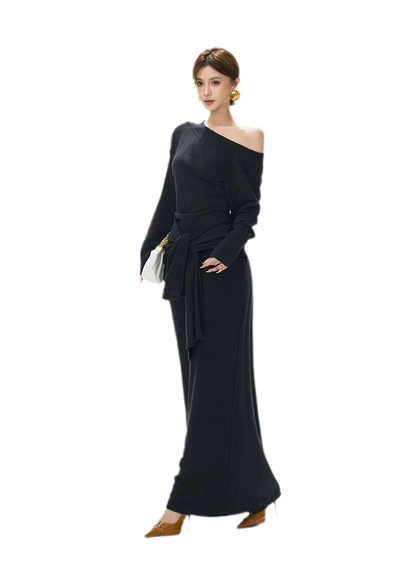 Textured Ruched Shawl Knit Set