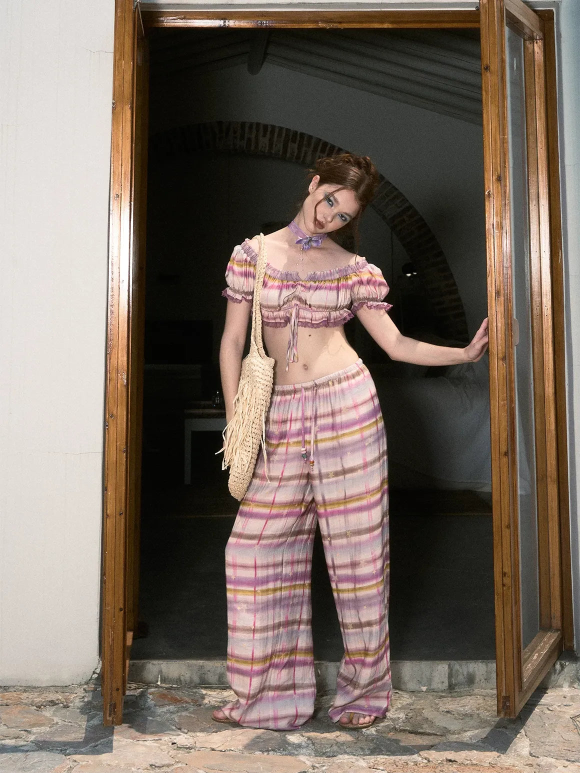 Gradient Plaid Wide-Leg Set