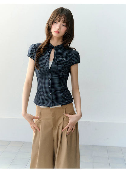 Retro Plaid Tie-Waist Hollow Waist Shirt
