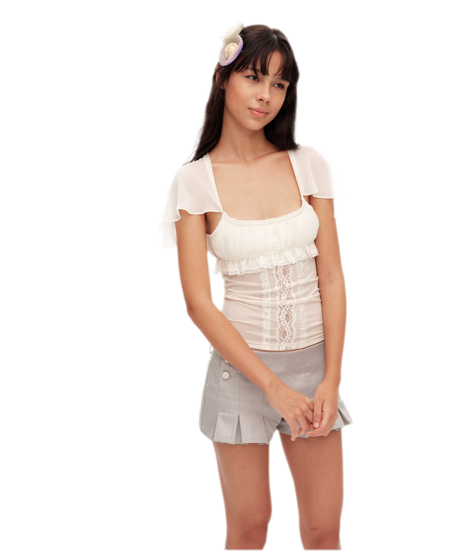 Lace Ruffle Fitted Chiffon Top