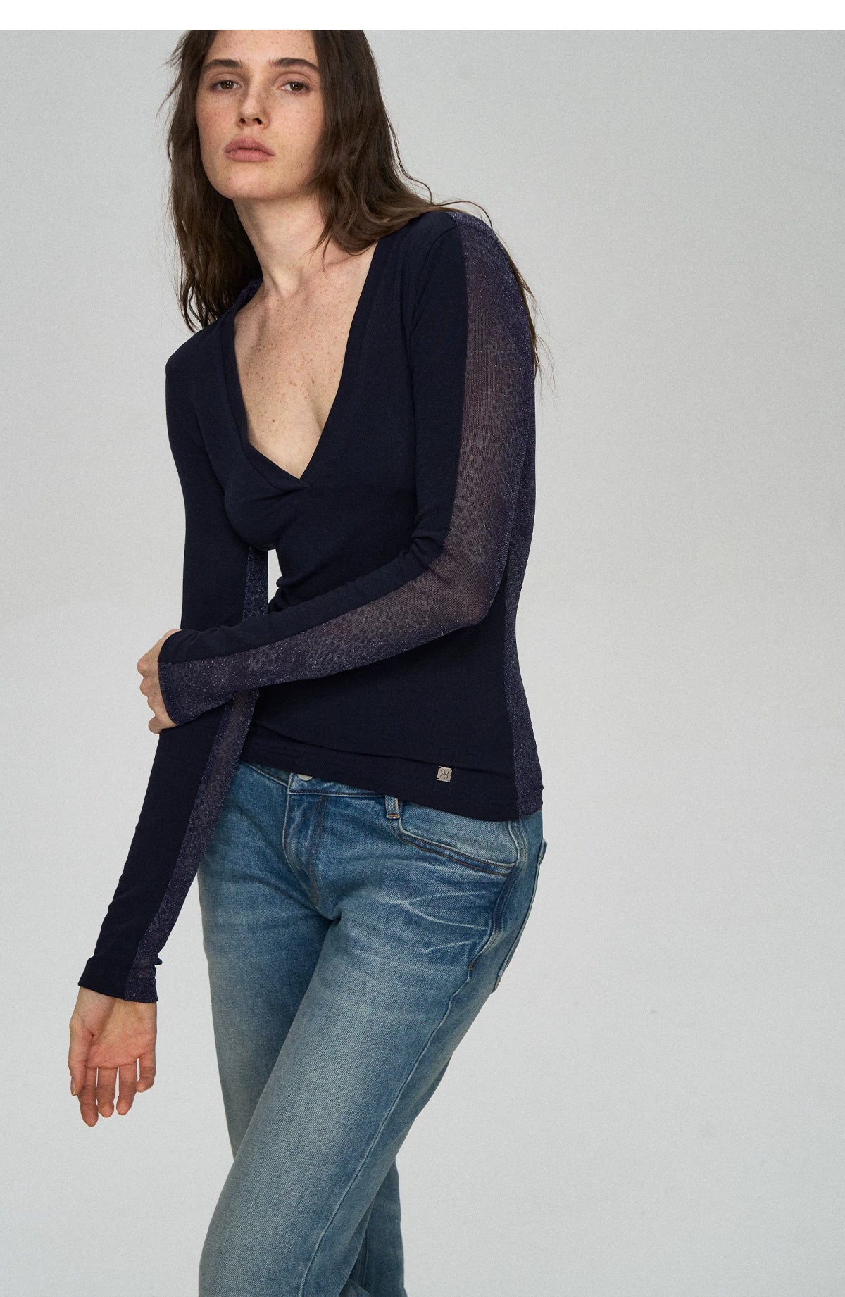Wool Lyocell V-Neck Long Sleeve Top with Lace