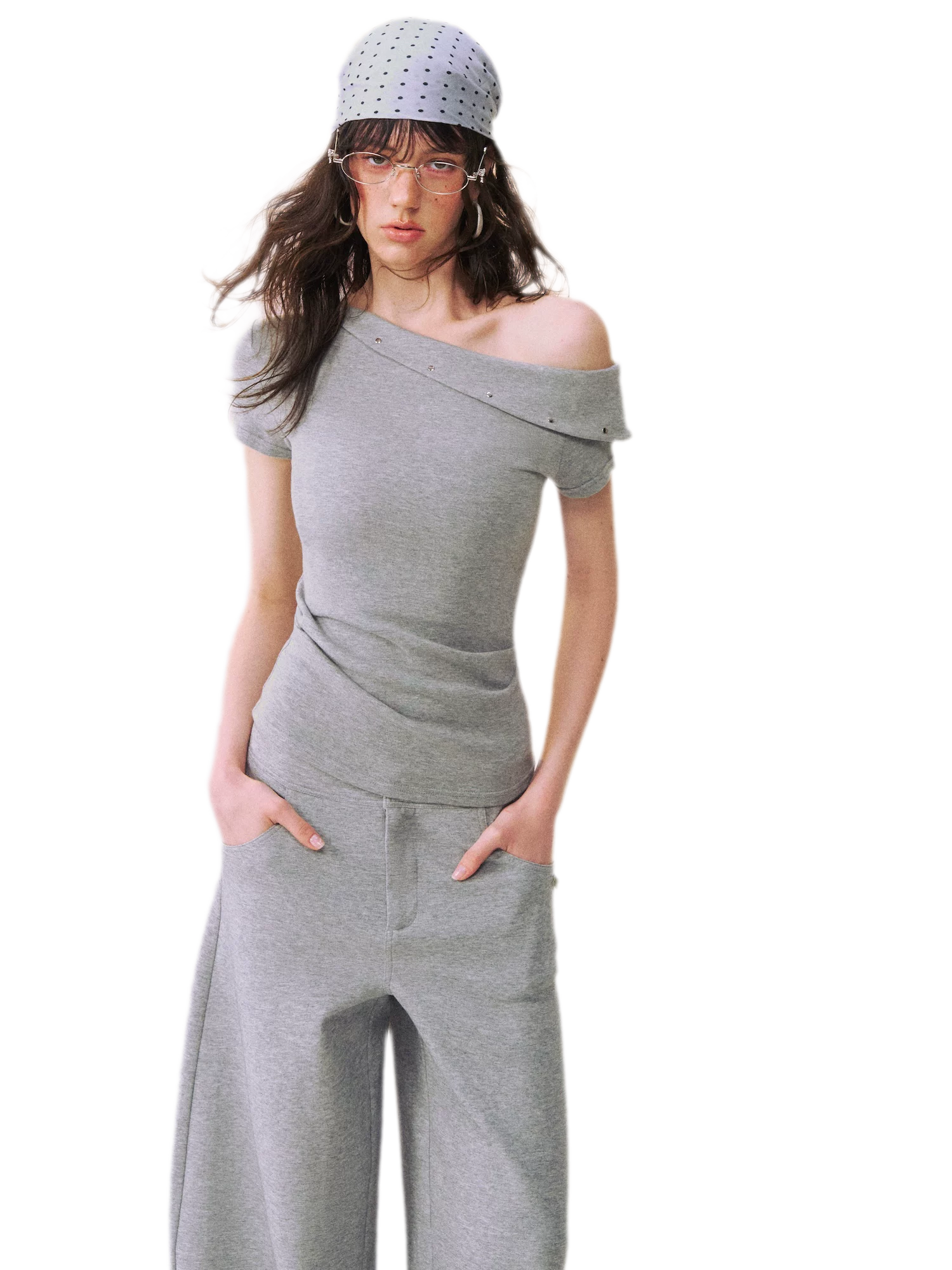 Asymmetric Off-Shoulder Tee Pants Set