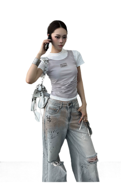 Layered Ruched Cropped T-Shirt