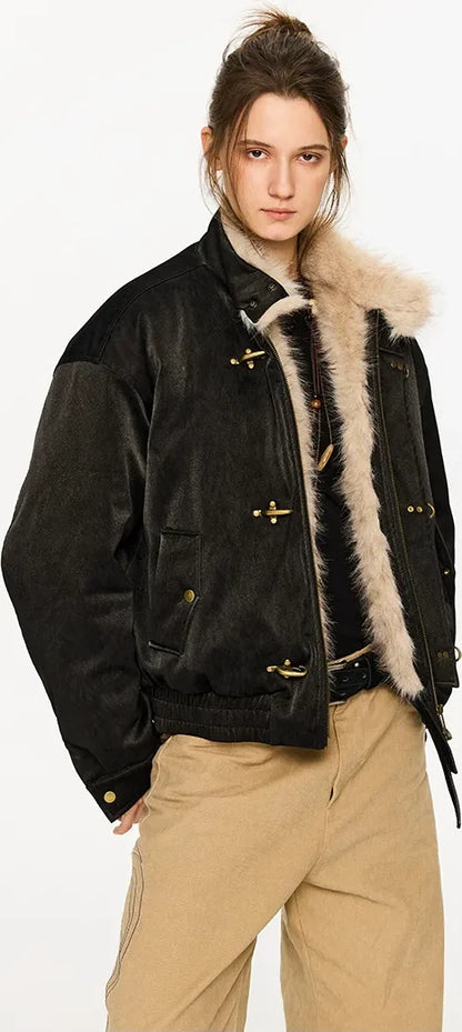 Pearlescent PU Fur-Lined Harrington Jacket