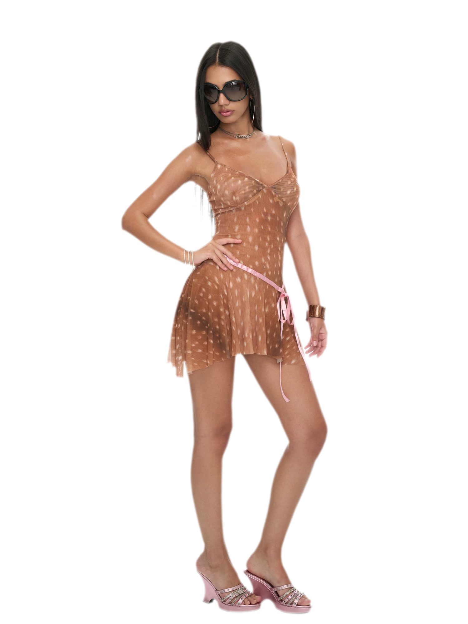 Deer Print Sheer Ribbon Dress