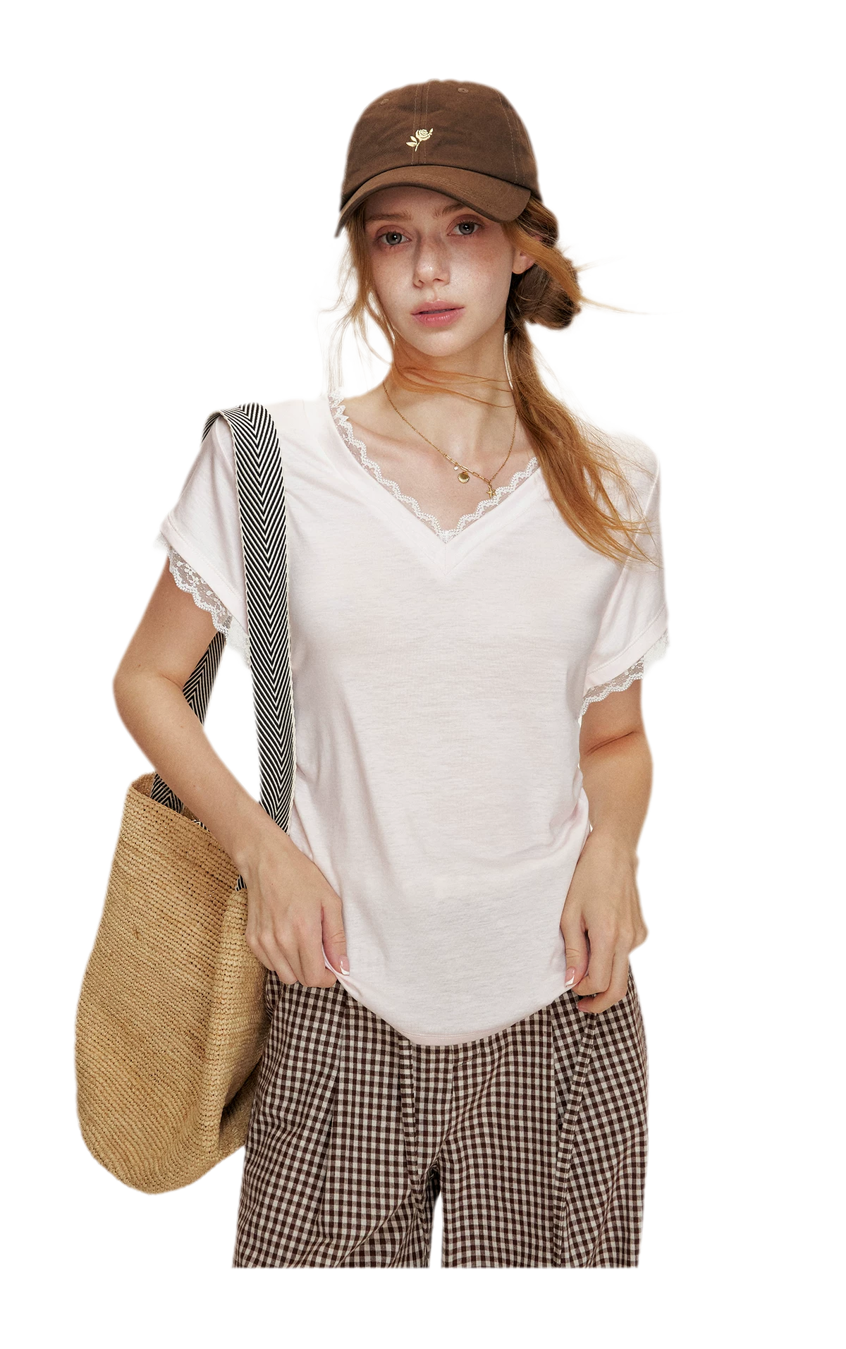 Tencel Lace Trim Loose Short Sleeve T-Shirt