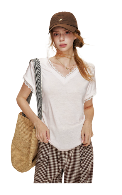Tencel Lace Trim Loose Short Sleeve T-Shirt