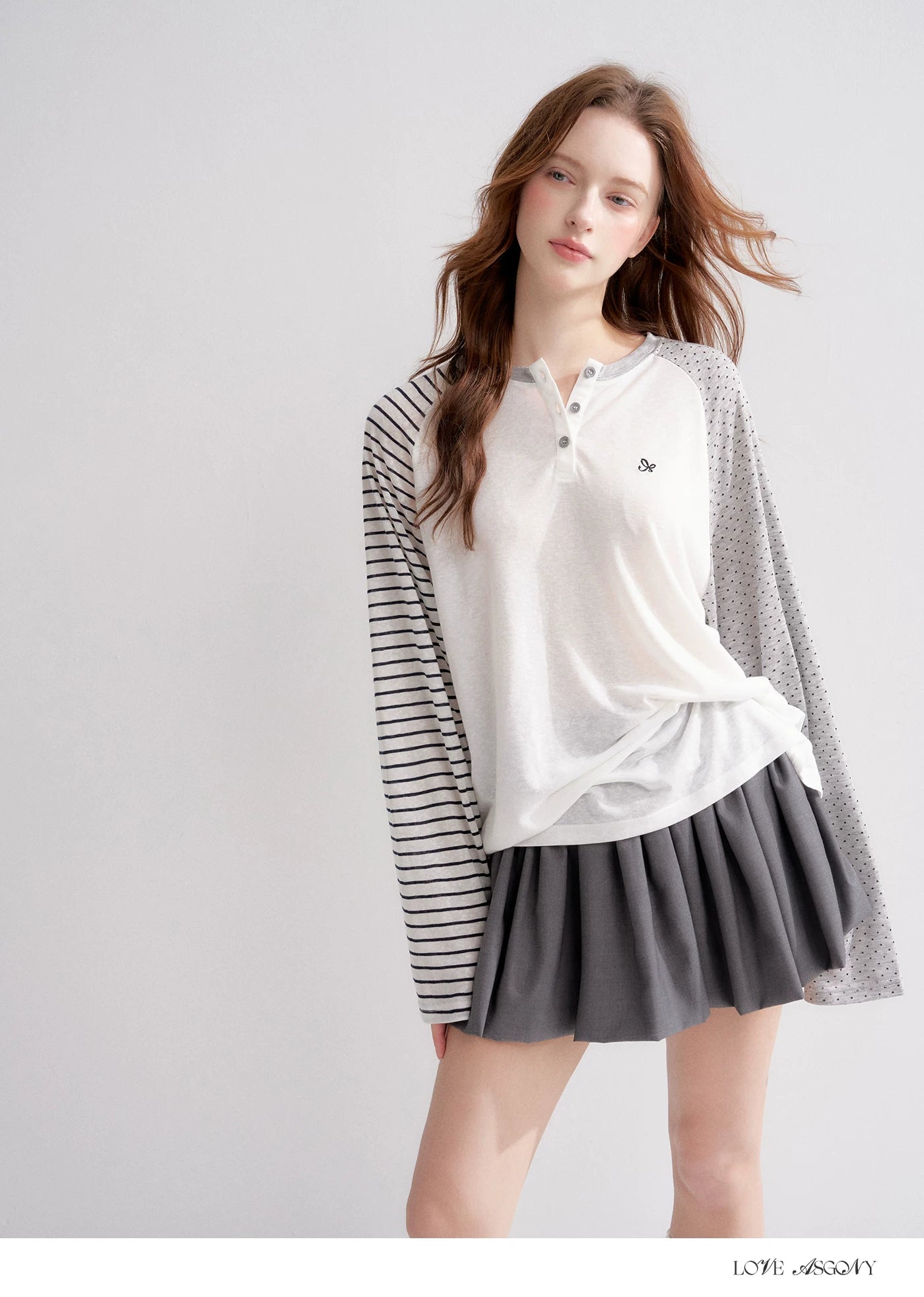 Striped Polka Dot Raglan Sleeve Long Sleeve Pullover
