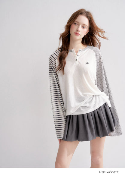 Striped Polka Dot Raglan Sleeve Long Sleeve Pullover