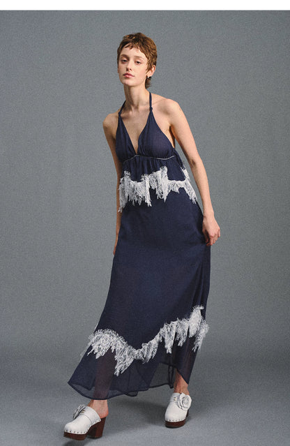 Deep V Halter Maxi Dress in Serene Blue