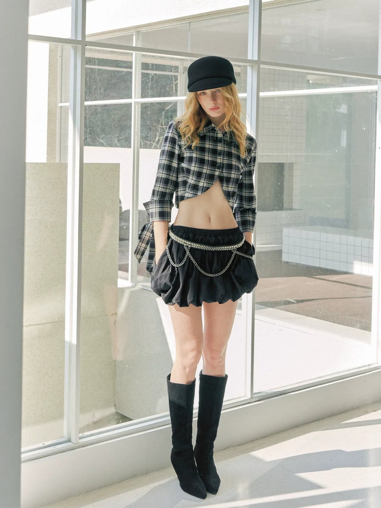 Plaid Cropped Bow Shirt