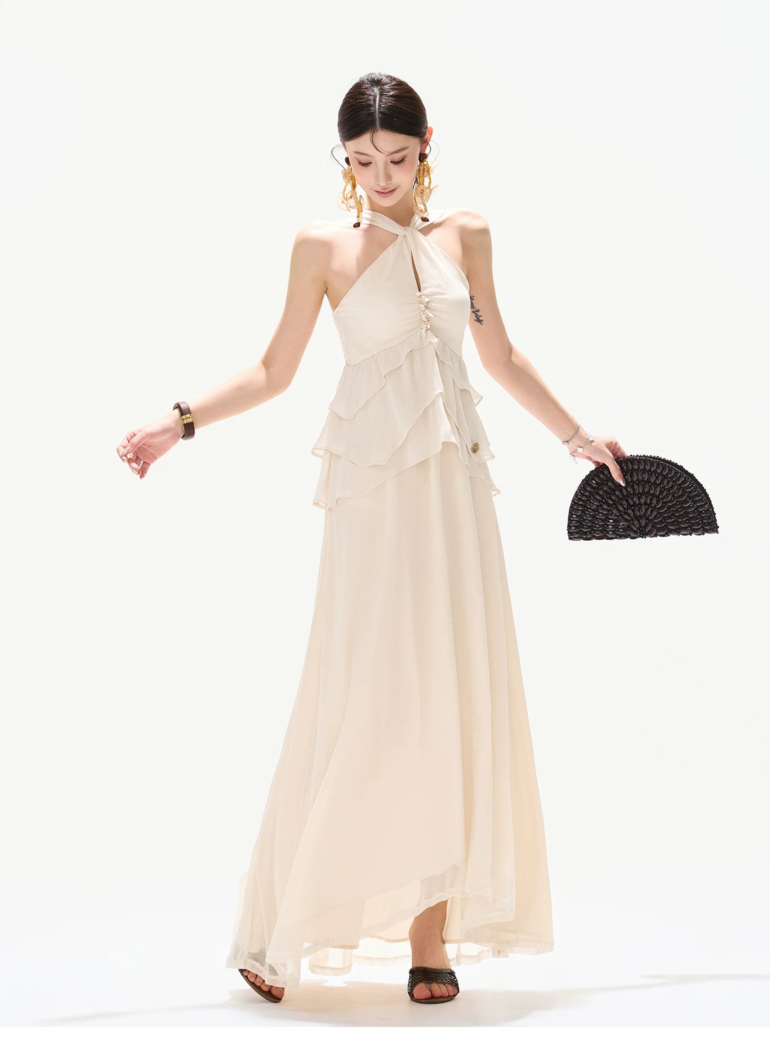 Flowing Halter Rhinestone Chiffon Long Dress