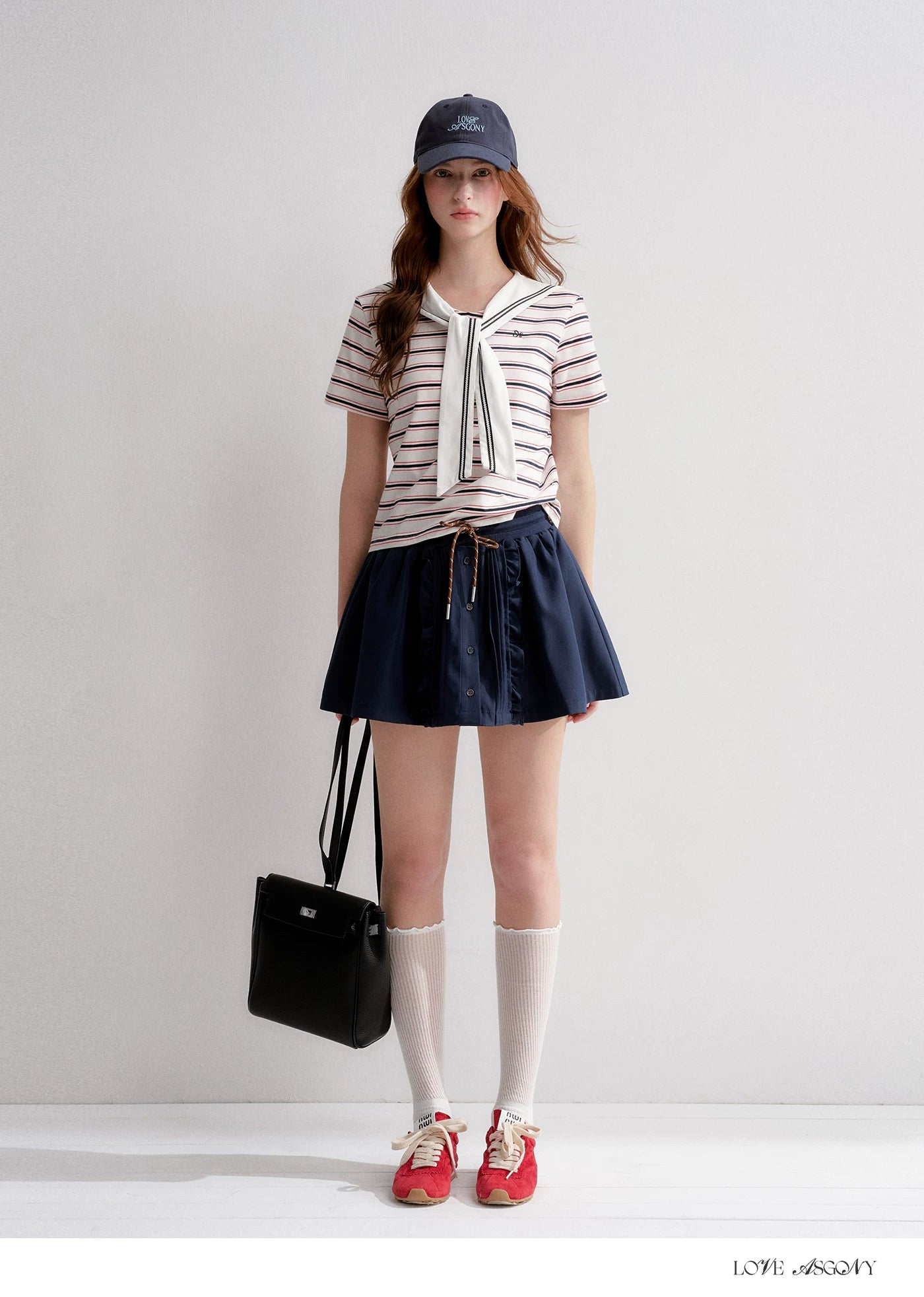 Navy Sailor Collar Tie-Striped Short T-shirt