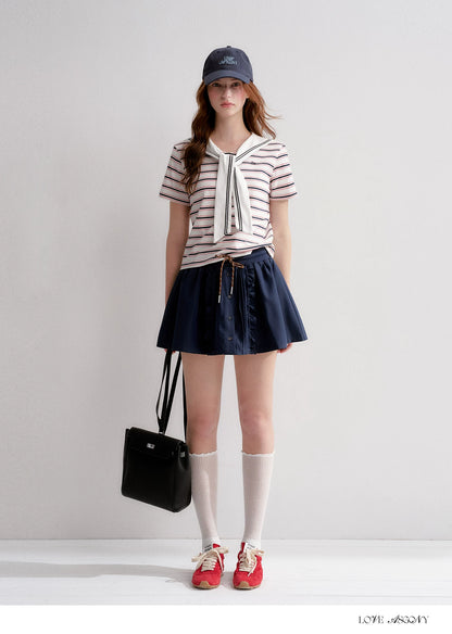 Navy Sailor Collar Tie-Striped Short T-shirt