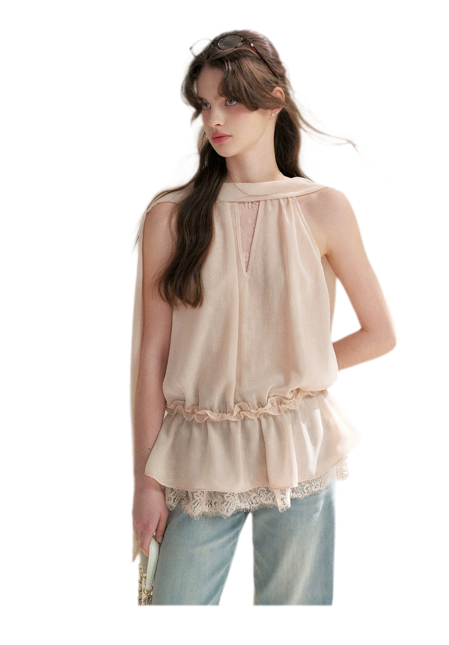 Chiffon Lace Halter V-Neck Blouse