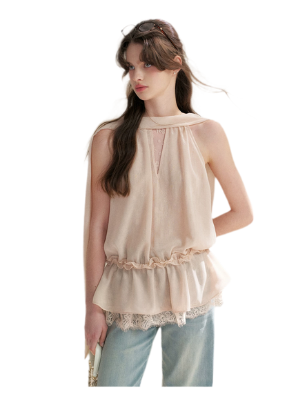 Chiffon Lace Halter V-Neck Blouse