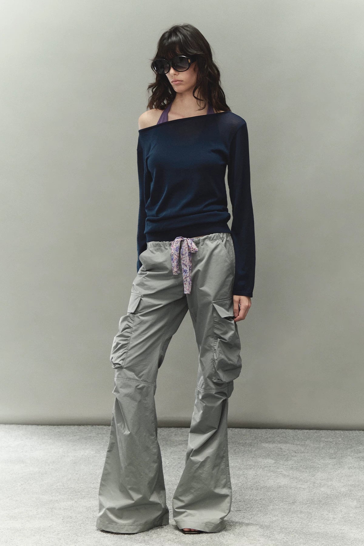 Printed Waistband Drawstring Multi-Pocket Low-Waist Cargo Pants
