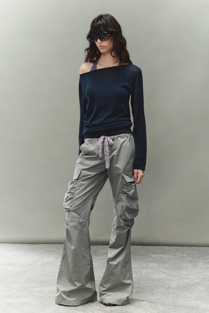 Printed Waistband Drawstring Multi-Pocket Low-Waist Cargo Pants