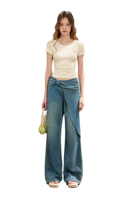 Soft Cotton Wide-Leg Jeans with Bow Detail