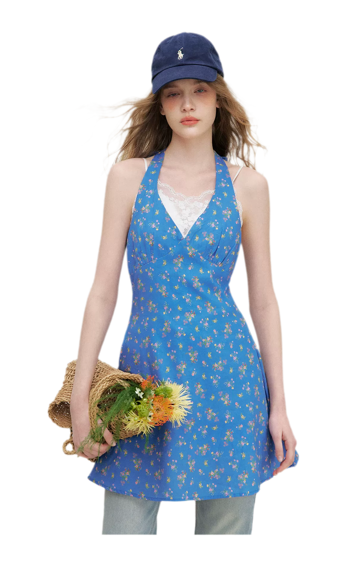 Romantic French Halter V-neck Floral Dress