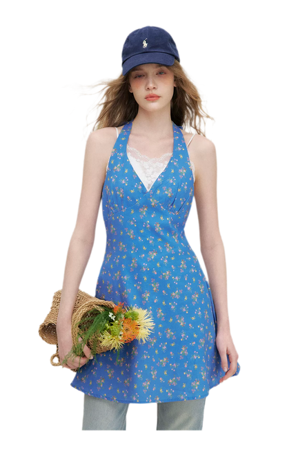 Romantic French Halter V-neck Floral Dress