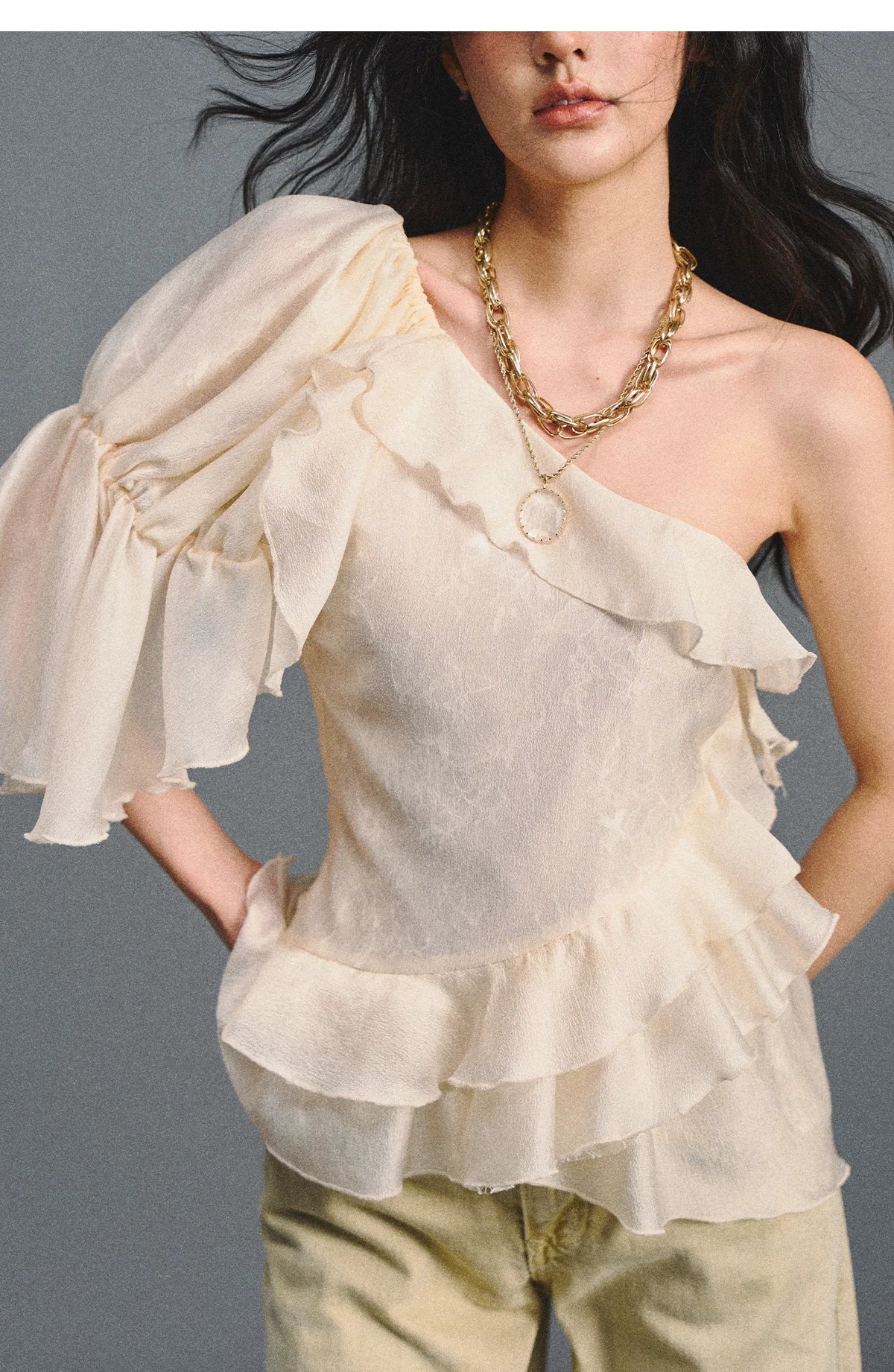 Vintage Romantic Lace Ruffled Asymmetric Top