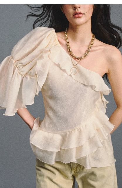 Vintage Romantic Lace Ruffled Asymmetric Top