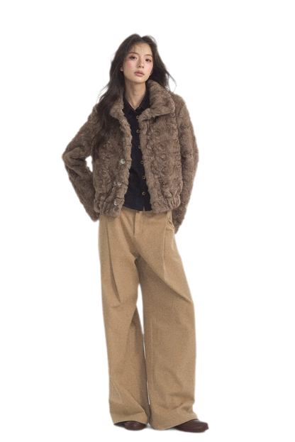 Geplooide broek met wijde pijpen van wolachtige stof