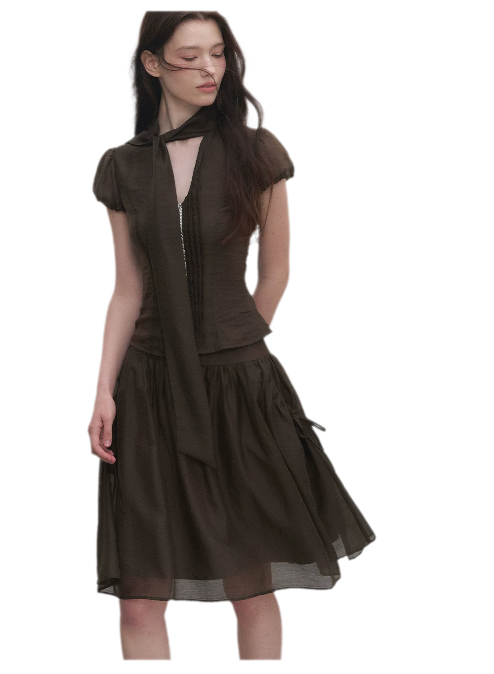 Tie-Neck Flared Skirt Set