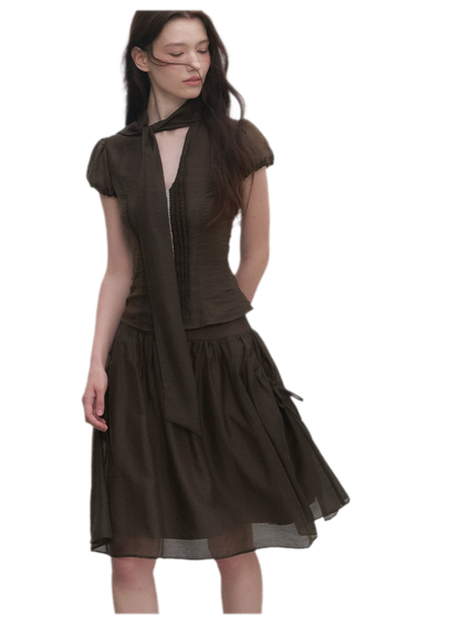 Tie-Neck Flared Skirt Set