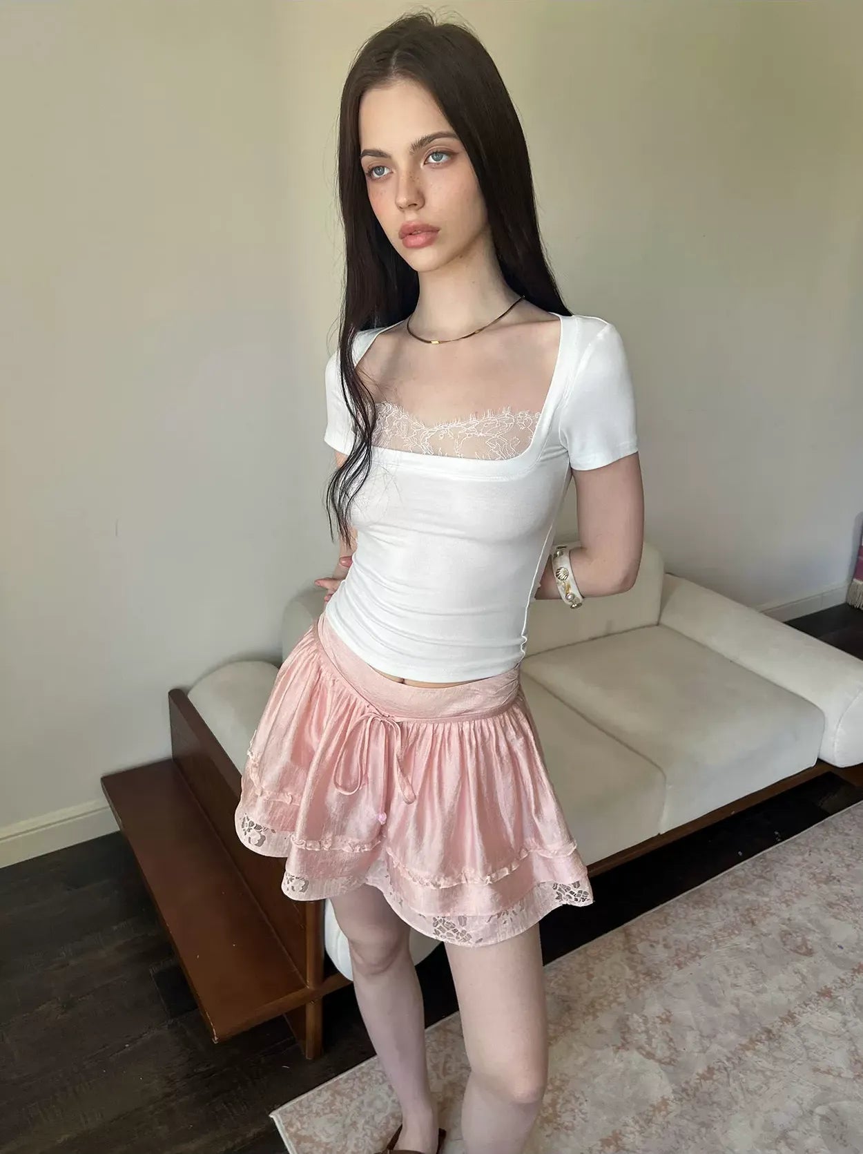 Lace Panel Square Neck T-Shirt