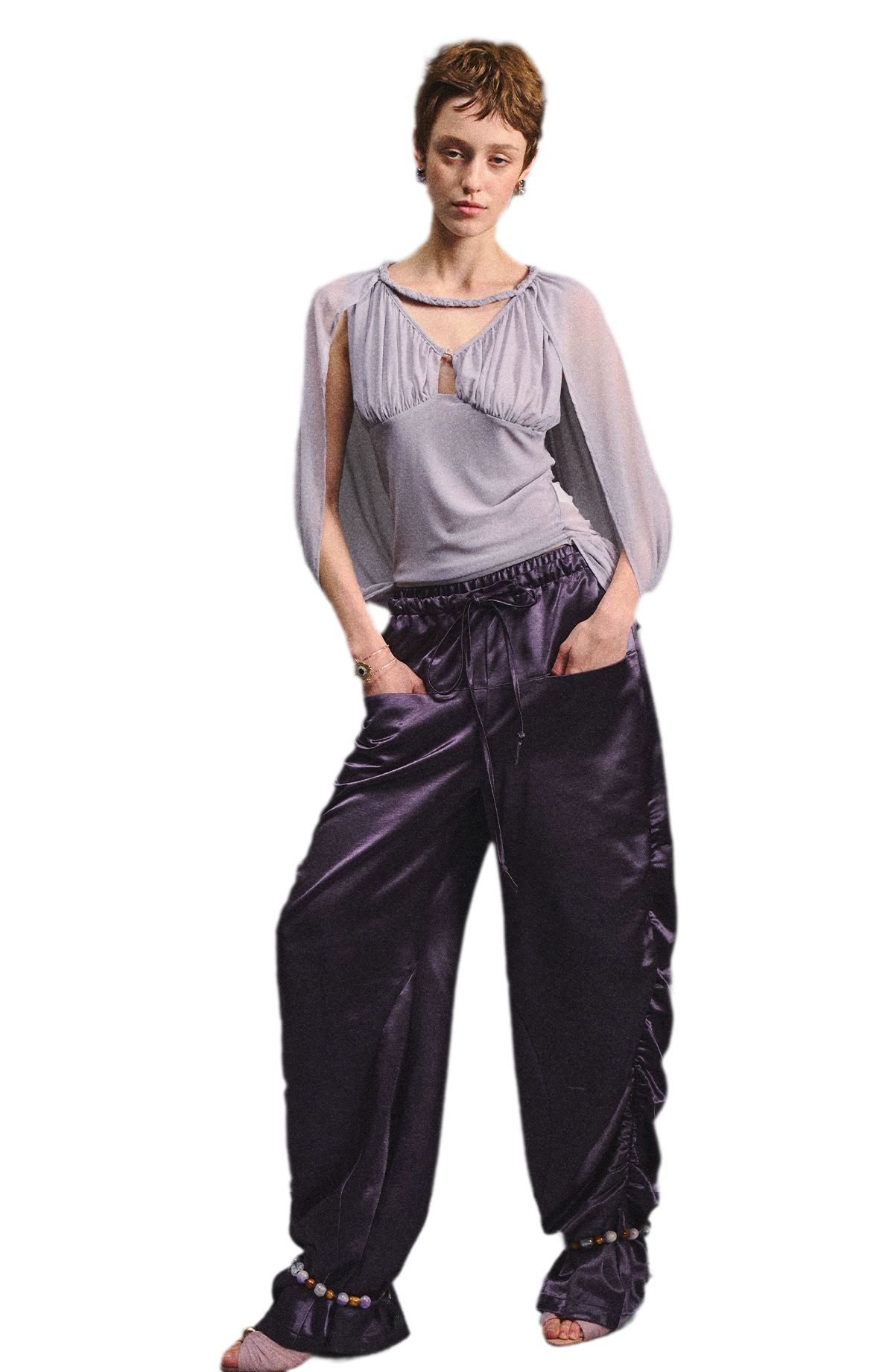Ruched Mesh V-Neck Top