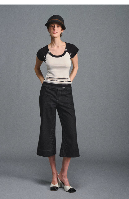 Color Block U-Neck Short Sleeve T-Shirt