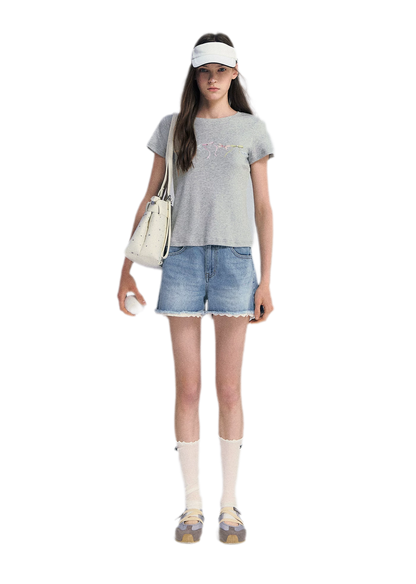 Lace Trim Washed Denim Shorts