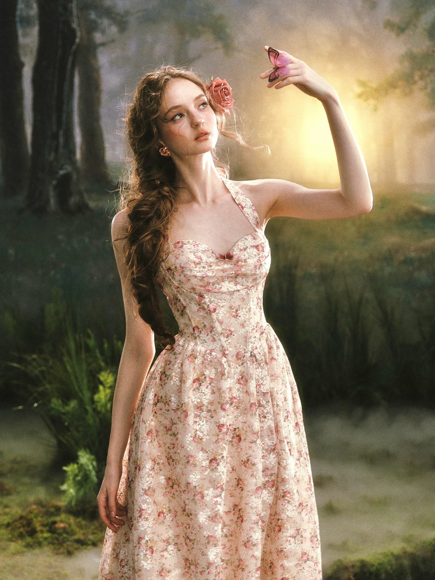Forest Rose French Retro Floral Halter Long Dress