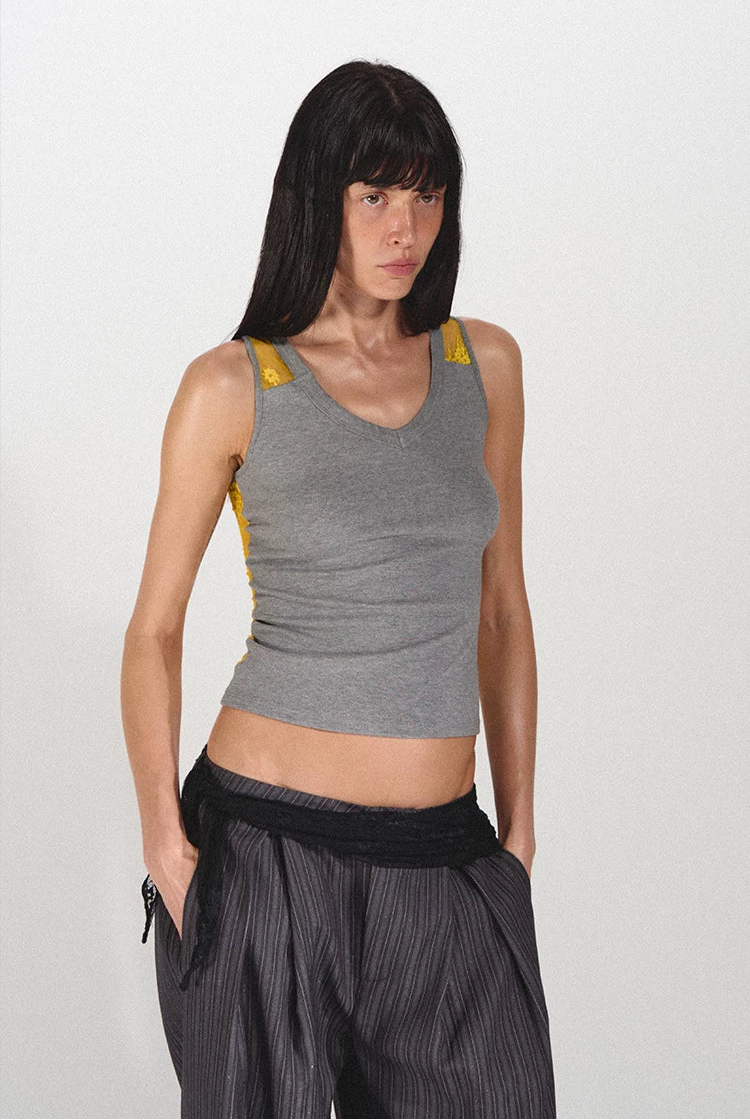 Lace Panel Slim Fit Striped Shoulder Vest Top