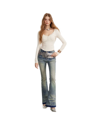 Lace Panel Cropped Long-Sleeve Top