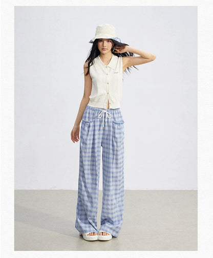 Lace Trim Plaid Wide-Leg Pants