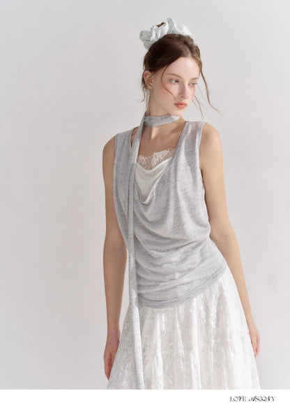 Draped Neckline Lace Patchwork Vest