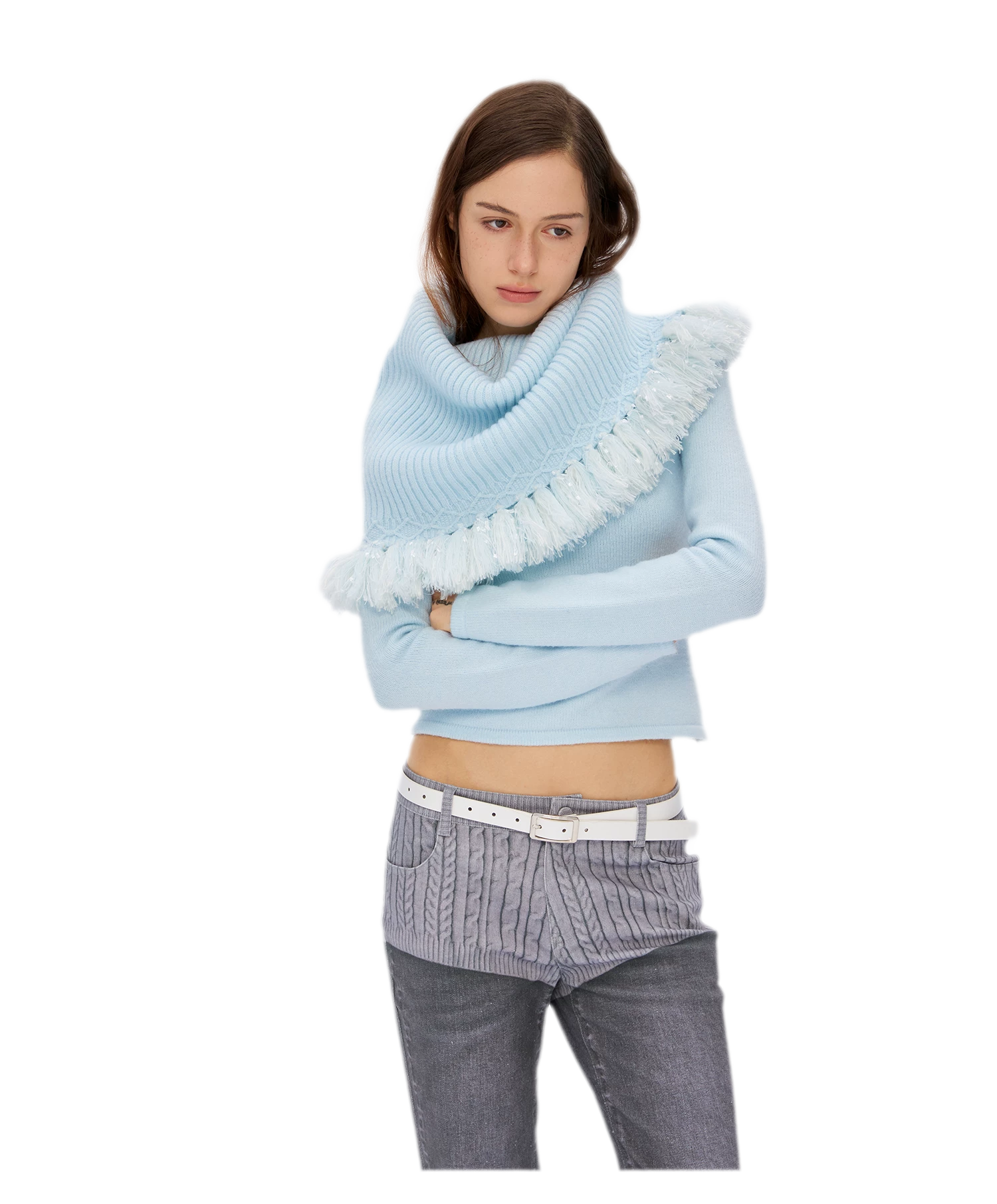 Fringed Ribbed Turtleneck Knit Top