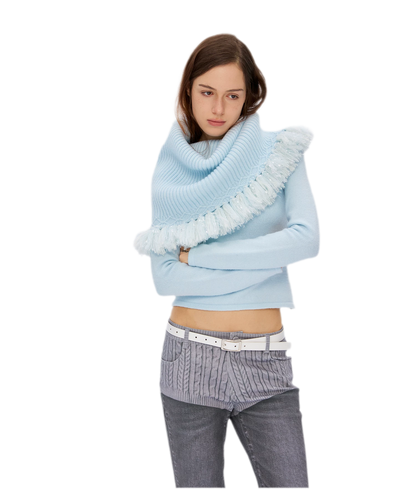 Fringed Ribbed Turtleneck Knit Top