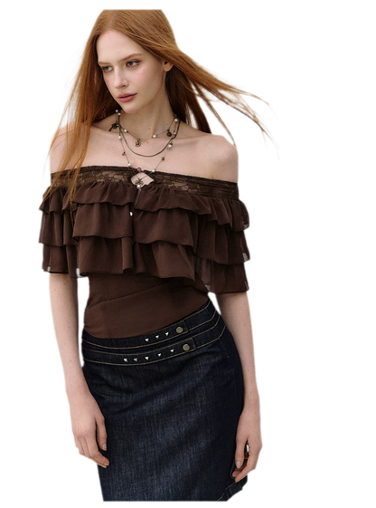 Layered Chiffon Lace Off-Shoulder T-Shirt