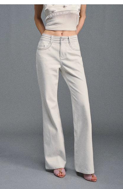 Textured White Contrast Waist Low-Rise Flared Pants