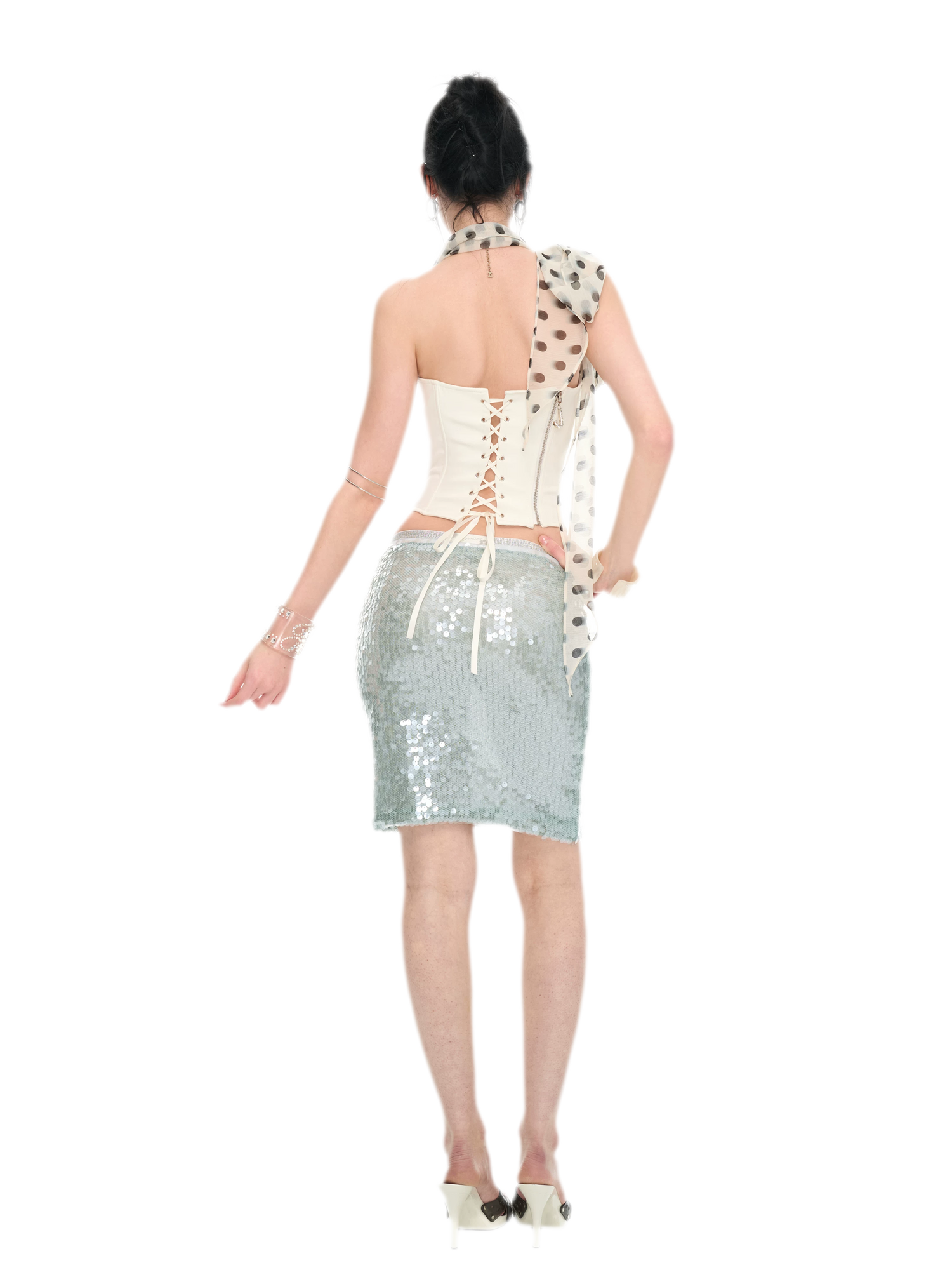 Sequin-Embellished Silver Waist Midi Skirt