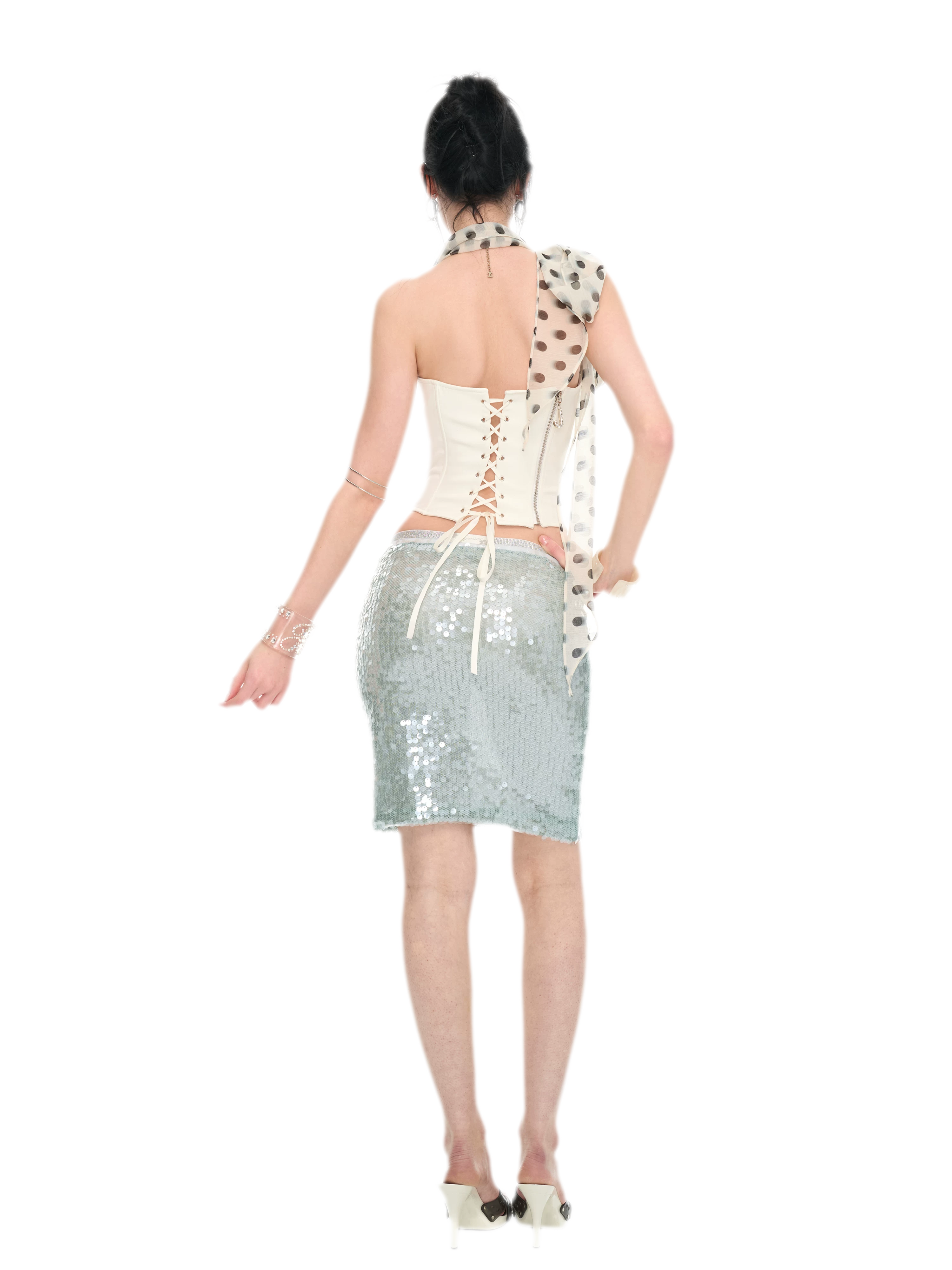 Sequin-Embellished Silver Waist Midi Skirt