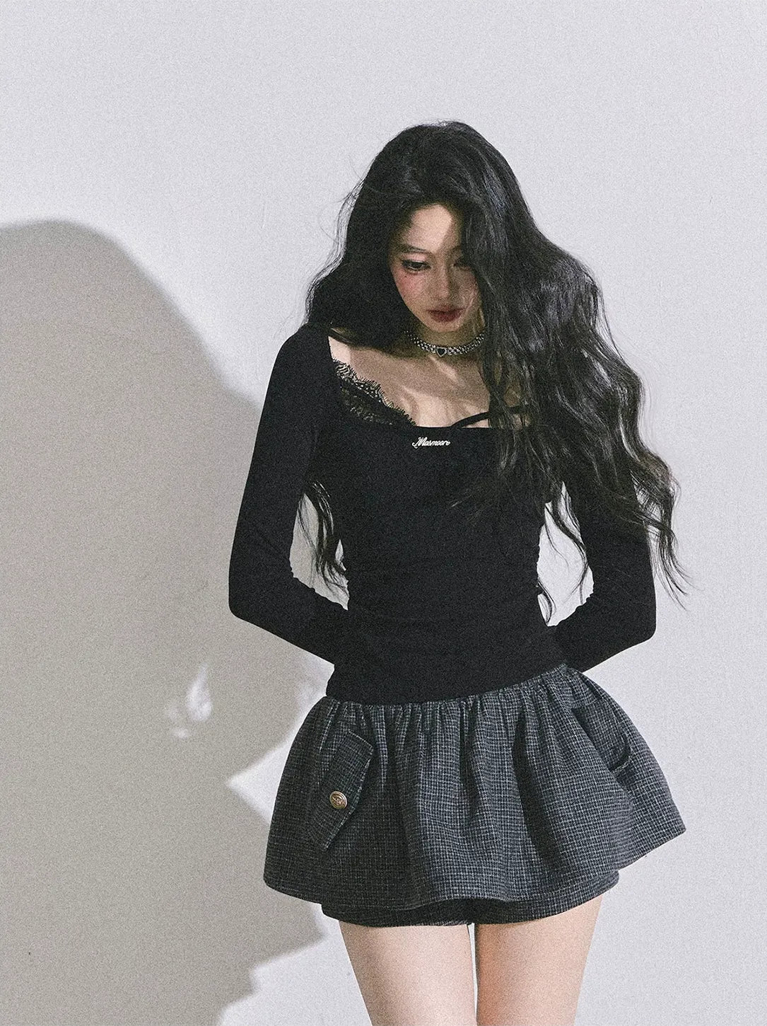 Lace Panel Fitted Long-Sleeve Top