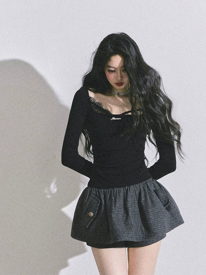 Lace Panel Fitted Long-Sleeve Top